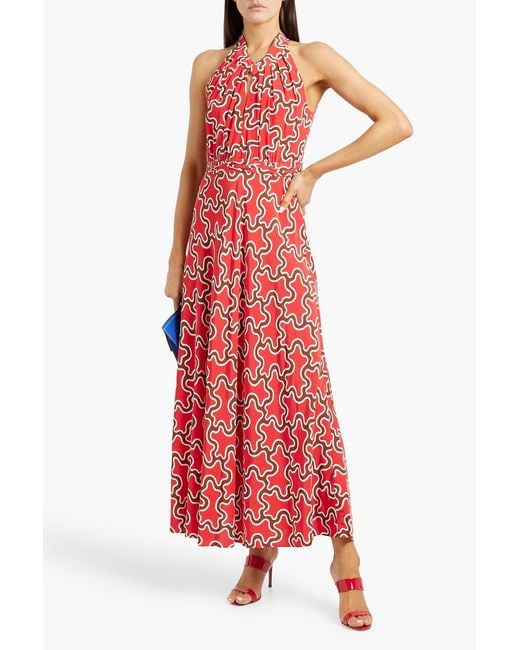 Diane von Furstenberg Red Nyck Cutout Printed Crepe De Chine Maxi Dress