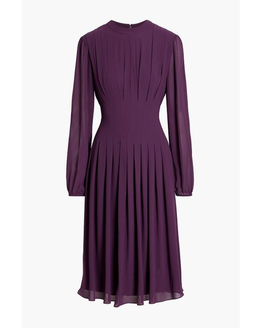 Mikael Aghal Purple Pleated Crepe De Chine Midi Dress