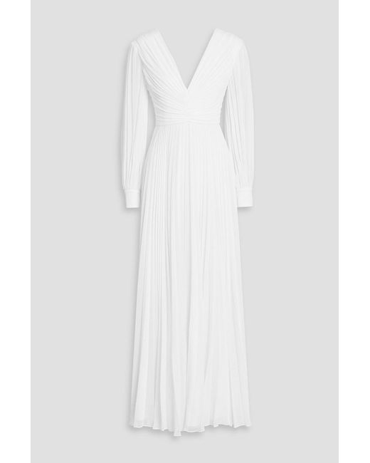 Badgley Mischka White Pleated Crepe De Chine Maxi Dress