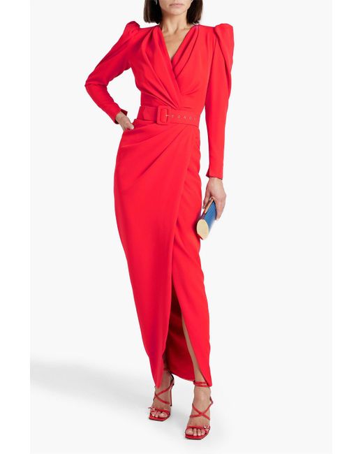 Rhea Costa Red Wrap-effect Belted Crepe Maxi Dress
