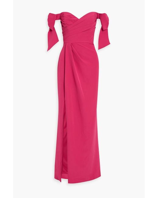 Marchesa Pink Off-the-shoulder Bow-embellished Crepe Gown