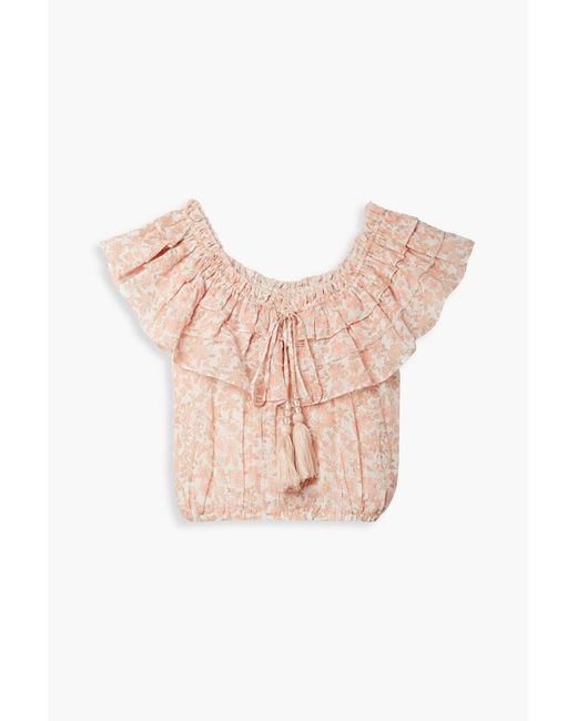 LoveShackFancy Pink Dorin Cropped Ruffled Floral-Print Cotton-Voile Top