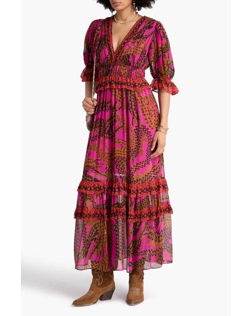 Farm Rio Red Ruffled Printed Georgette Maxi Dress