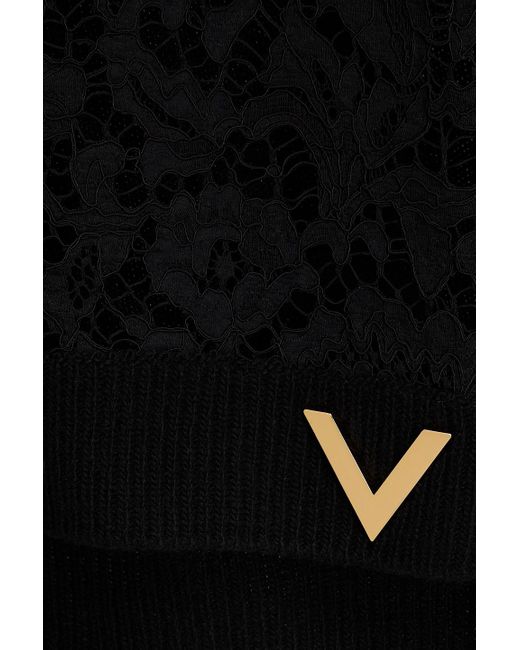 Valentino Garavani Black Corded Lace-paneled Wool And Cashmere-blend Sweater