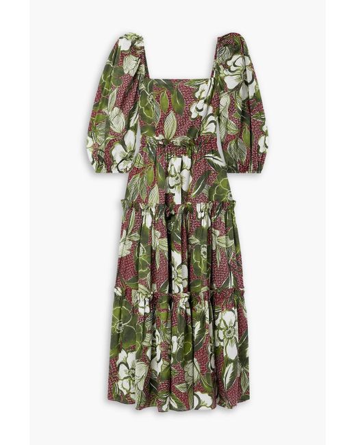 Cara Cara Green Tiered Floral-print Cotton-voile Midi Dress