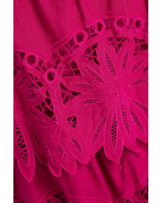 Farm Rio Pink Tiered Broderie Anglaise Cotton And Linen-blend Midi Skirt