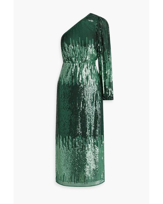 Rixo Green Bradshaw One-sleeve Sequined Tulle Midi Dress
