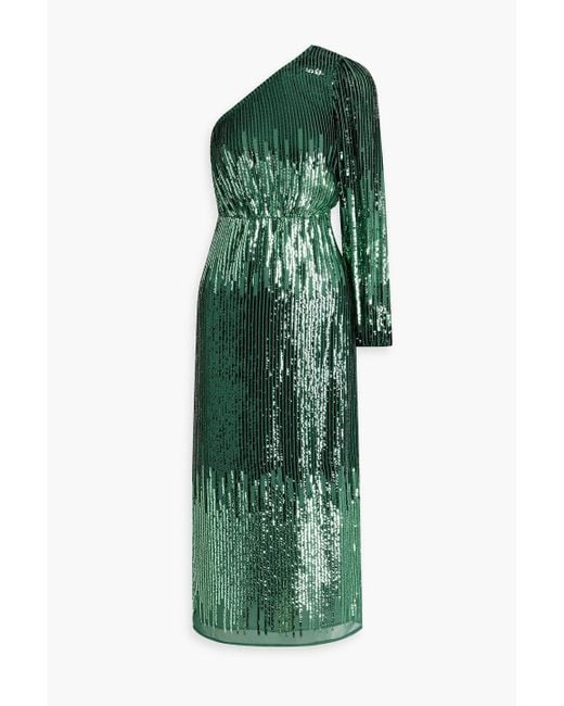 Rixo Green Bradshaw One-sleeve Sequined Tulle Midi Dress