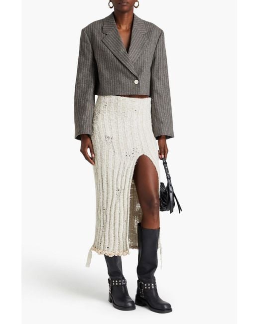 Acne White Distressed Ribbed Wool-blend Midi Skirt