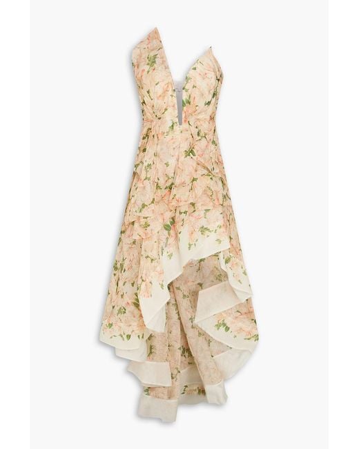 Zimmermann Natural Strapless Asymmetric Floral-Print Linen And Silk-Blend Maxi Dress