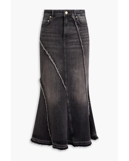 Ganni Black Frayed Denim Midi Skirt