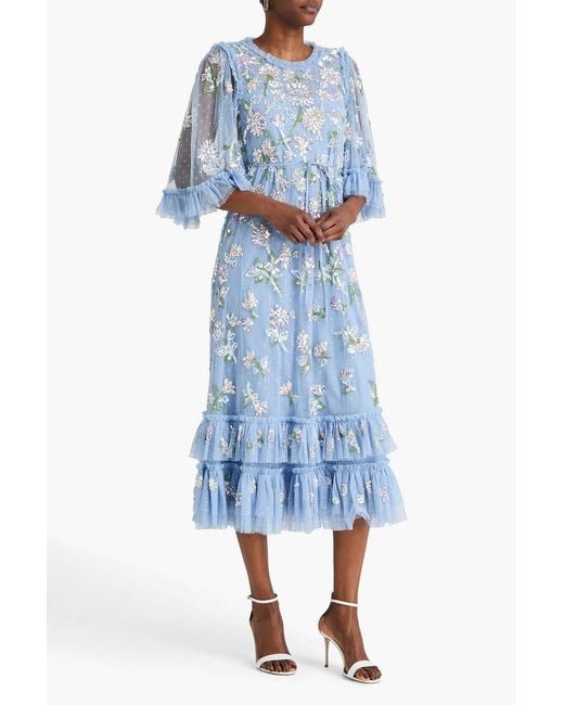 Needle & Thread Blue Tiered Embellished Point D'Esprit Midi Dress