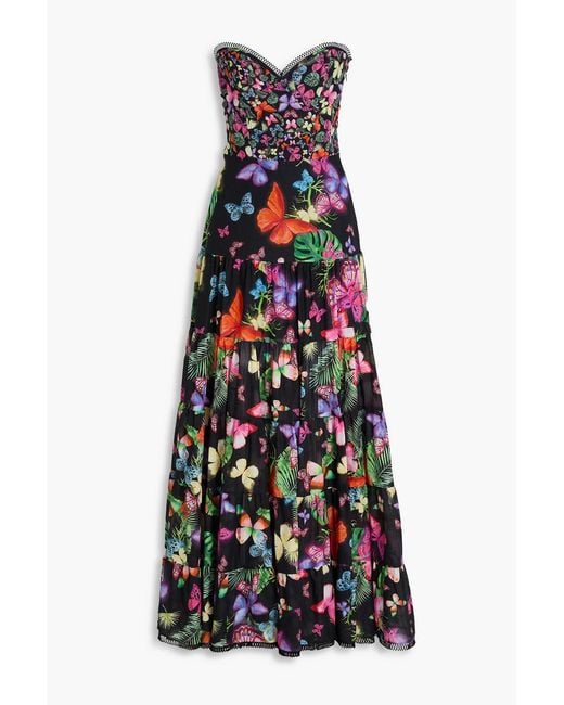 Charo Ruiz White Danny Strapless Tiered Printed Cotton-blend Maxi Dress