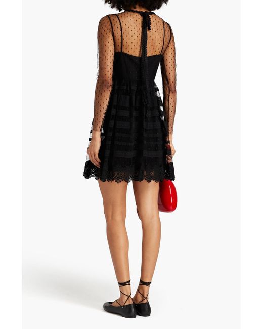 RED Valentino Black Floral-appliquéd Point D'esprit And Lace Mini Dress