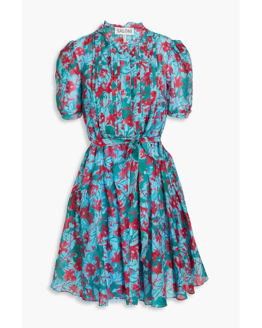 Saloni Blue Penny Belted Printed Cotton And Silk-blend Voile Mini Dress