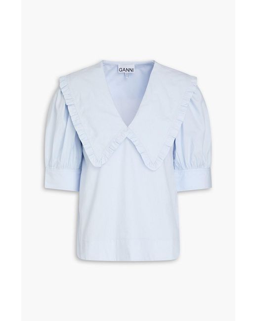 Ganni Blue Heather Ruffled Cotton-Poplin Top