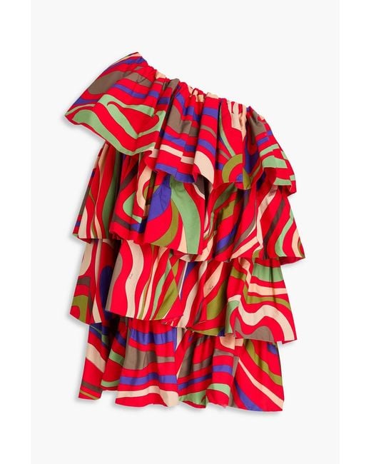 Emilio Pucci One-Shoulder Tiered Printed Cotton-Poplin Mini Dress