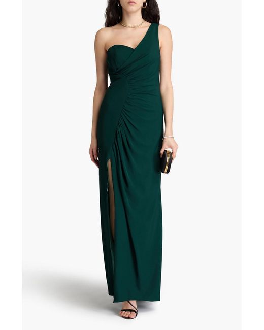 Halston Heritage Green Verdianna One-shoulder Ruched Crepe Gown