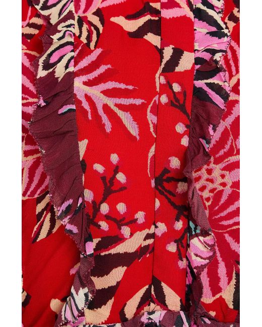 Farm Rio Red Ruffled Printed Gauze Mini Shirt Dress