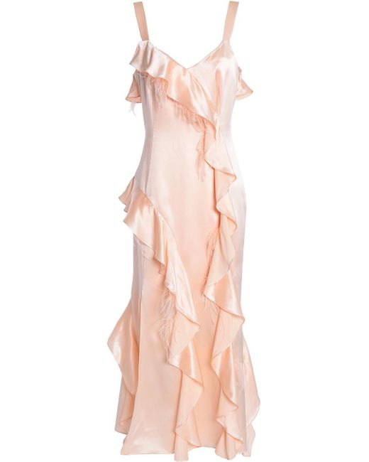 Cinq À Sept Gigi feather-trimmed ruffled silk-satin midi dress in Pink ...