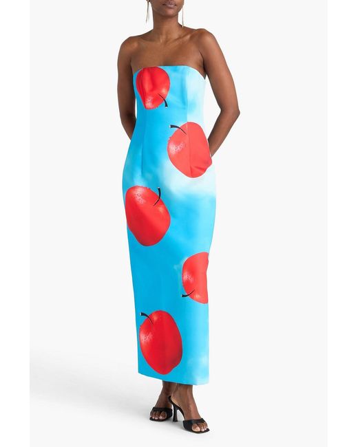 LEO LIN Blue Rayna Strapless Printed Satin Maxi Dress