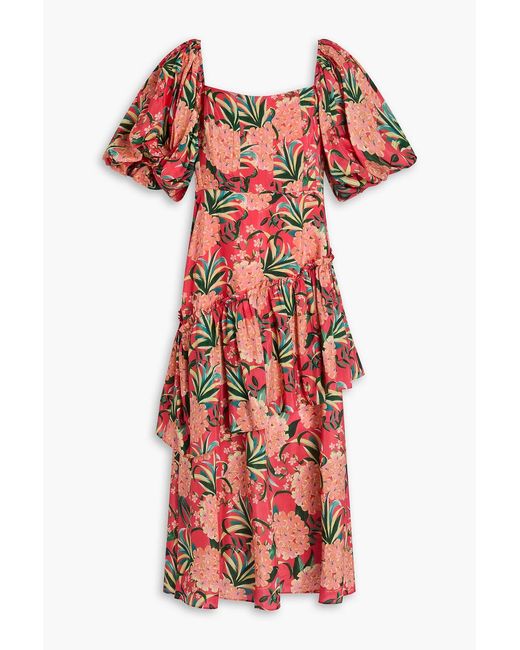 Farm Rio Red Ruffled Floral-print Cotton-blend Voile Midi Dress