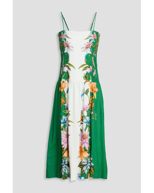 Farm Rio Green Floral-print Linen-blend Midi Dress