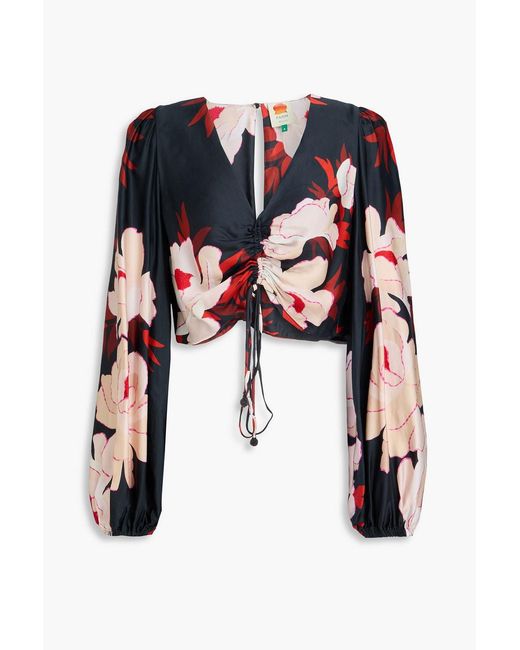 Farm Rio Black Cropped Floral-Print Satin Top