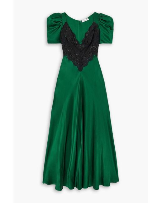 Rodarte Green Lace-trimmed Silk-satin Maxi Dress
