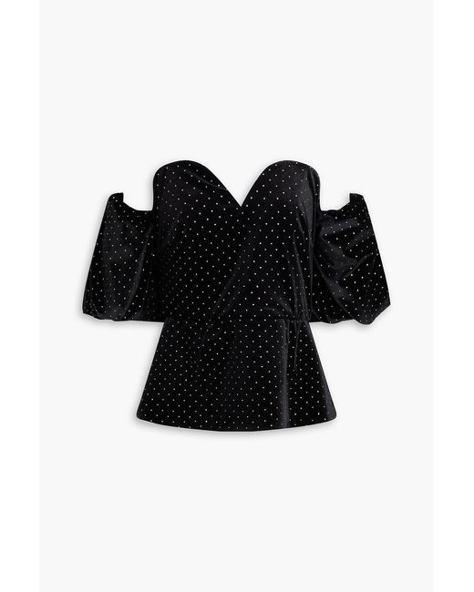 Borgo De Nor Black Alma Off-the-shoulder Crystal-embellished Velvet Top