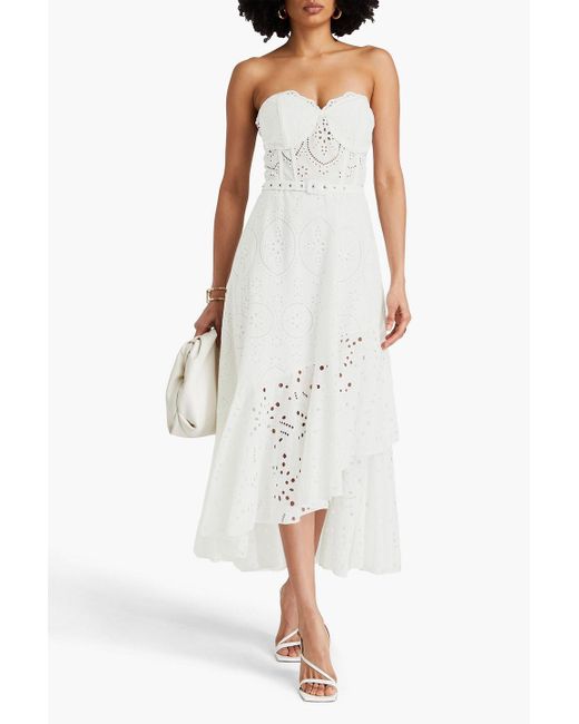 Charo Ruiz White Aurora Strapless Belted Broderie Anglaise Cotton-blend Midi Dress