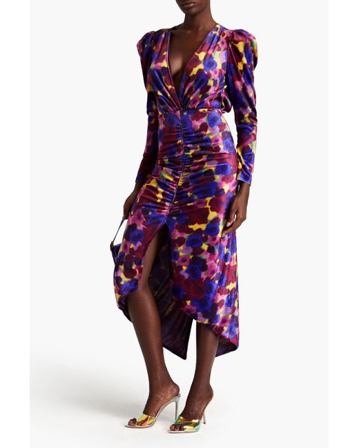 Ronny Kobo Purple Astrid Printed Stretch-velvet Midi Dress