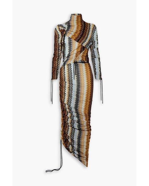 Missoni Metallic Ruched Crochet-knit Turtleneck Maxi Dress