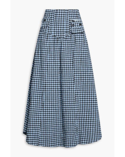 Ganni Blue Checked Cotton-blend Seersucker Maxi Skirt