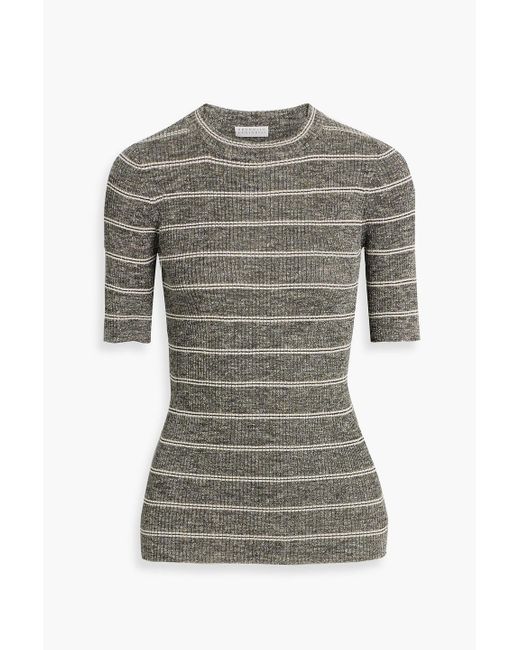 Brunello Cucinelli Gray Metallic Striped Ribbed-Knit Top