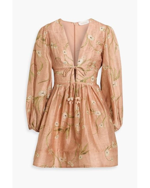 Zimmermann Natural Embroidered Floral-Print Linen And Silk-Blend Gauze Mini Dress