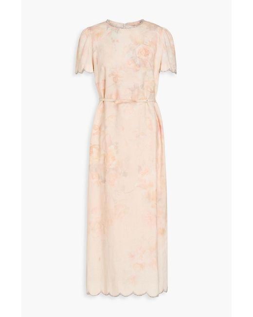 Zimmermann Orange Crystal-Embellished Floral-Print Linen Midi Dress