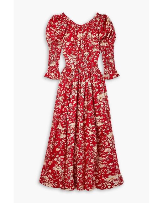Doen Red Meribel Shir Floral-print Cotton-poplin Midi Dress
