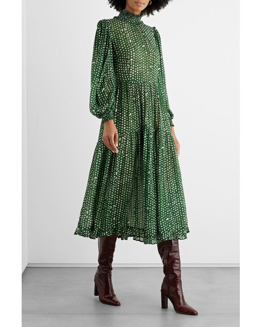 Iris & Ink Green Amelia Tiered Polka-dot Gauze Midi Dress