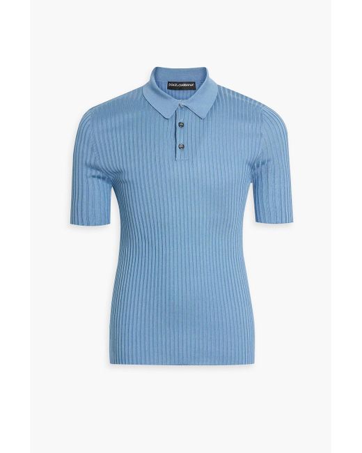 Dolce & Gabbana Blue Ribbed Silk Polo Shirt for men