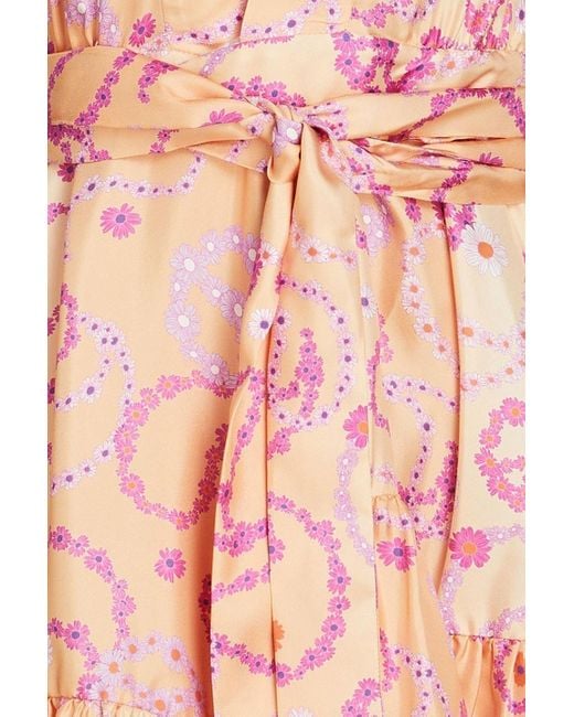 Sandro Pink Gathered Floral-print Silk-twill Mini Wrap Dress
