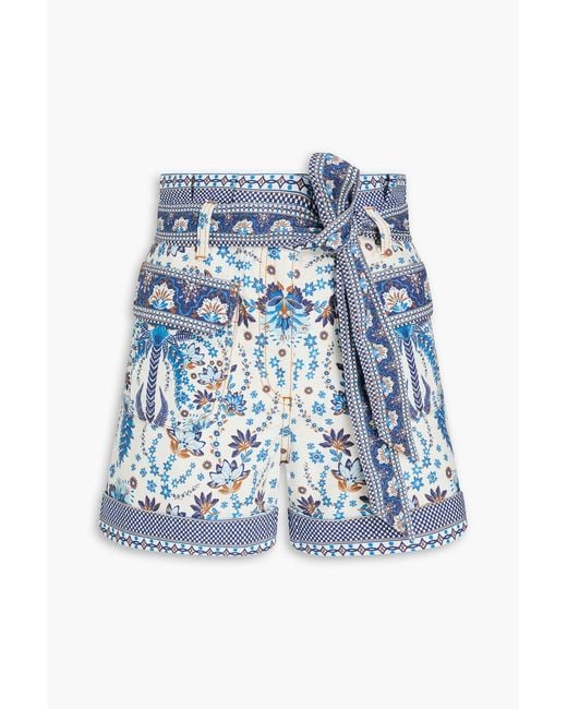 Farm Rio Blue Belted Printed Cotton-twill Shorts