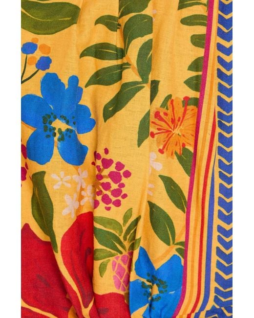 Farm Rio Orange Cropped Floral-Print Linen-Blend Top