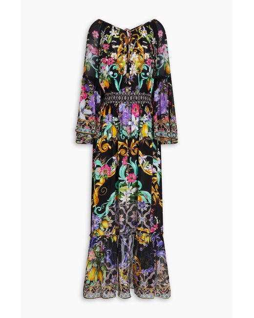 Camilla Black Maxikleid aus crêpe de chine aus seide und voile mit floralem print und verzierung