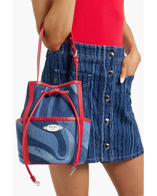 Emilio Pucci White Leather-trimmed Printed Denim Bucket Bag