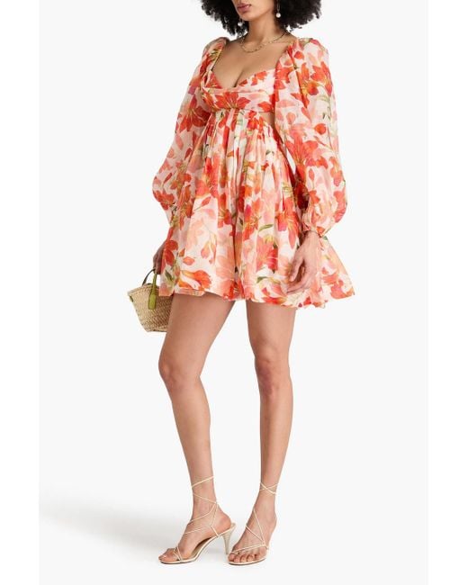 Zimmermann Pink Cutout Floral-Print Linen And Silk-Blend Mini Dress