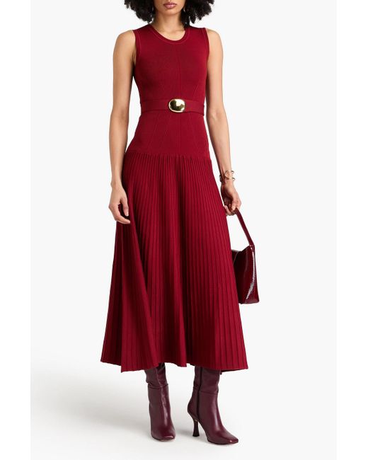 Nicholas Red Madison Belted Ribbed-knit Midi Dress