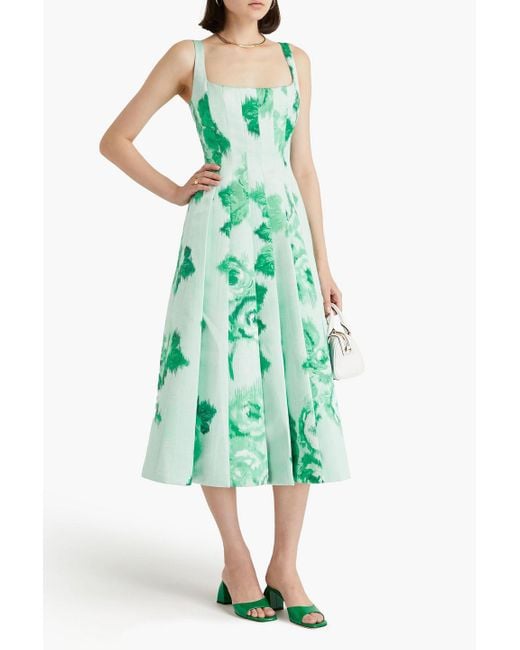 Emilia Wickstead Green Pleated Floral-print Duchesse-satin Midi Dress