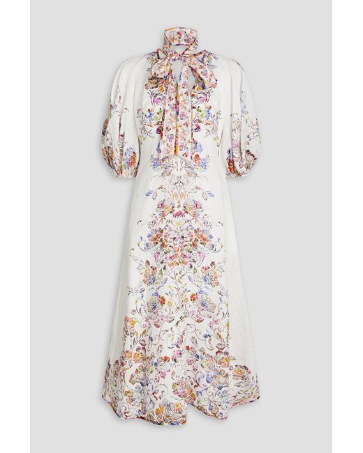 Zimmermann Pussybow Floralprint Linen Midi Dress in White Lyst