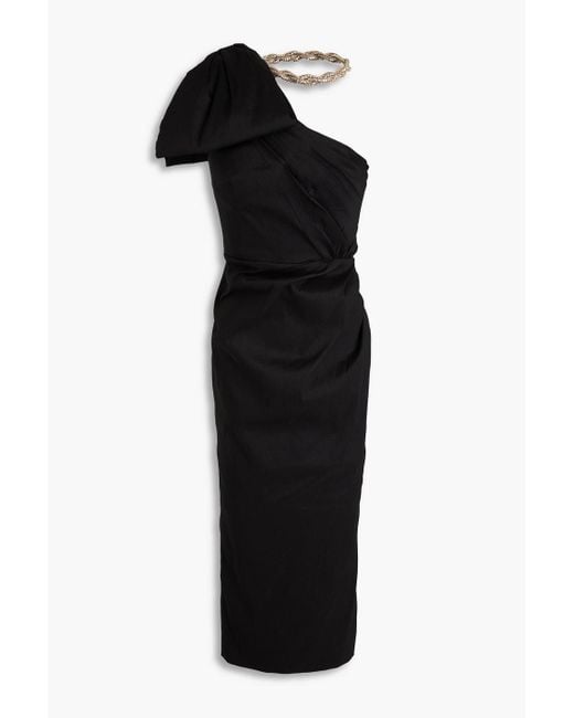 Rachel Gilbert Black Fauve One-shoulder Crystal-embellished Bow-detailed Taffeta Midi Dress